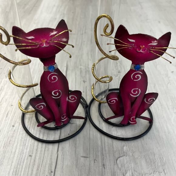 Vintage Metal Glass Whimsical Pink Swirl Cat Test Tube Bud Vase Set - Picture 3 of 8